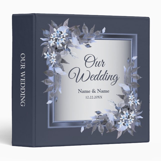 Photo Album Wedding Party Navy Blue Floral Modern 3 Ring Binder (Front/Spine)