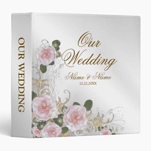 Photo Album Wedding Party Pink Floral Silver 3 Ring Binder (Front/Spine)