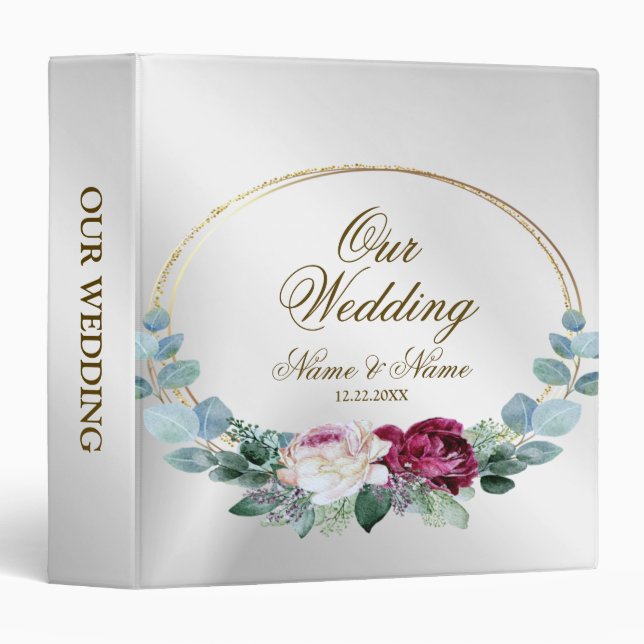 Photo Album Wedding Party Pink Red Floral Greenery 3 Ring Binder (Front/Spine)