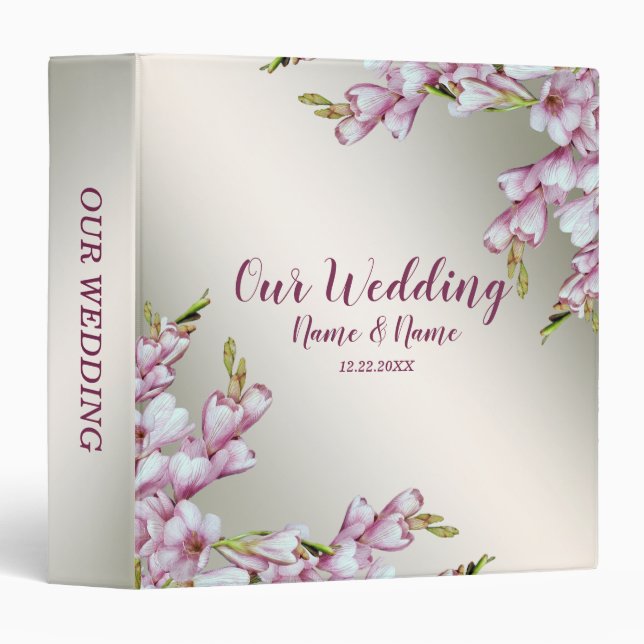 Photo Album Wedding Party Pink White Flowers 3 Ring Binder (Front/Spine)