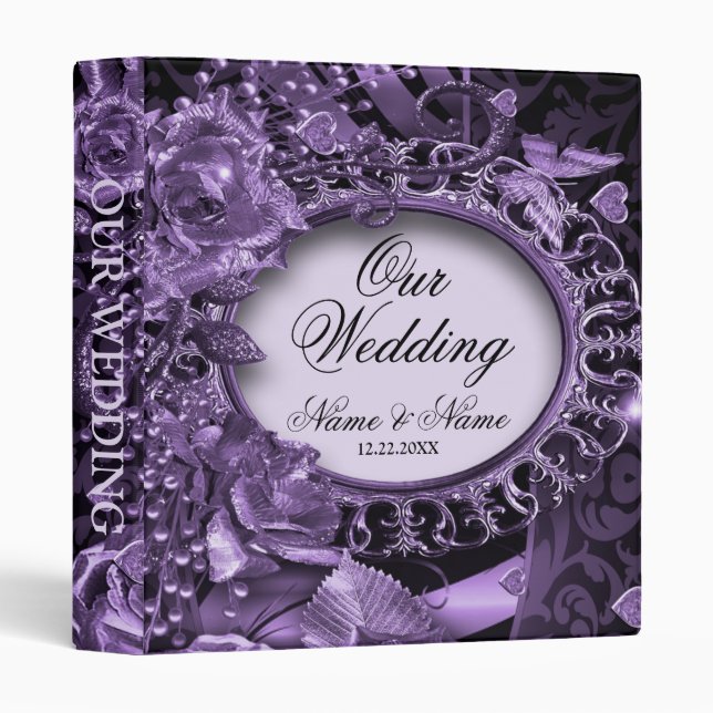 Photo Album Wedding Party Purple Floral Elegant 3 Ring Binder (Front/Spine)