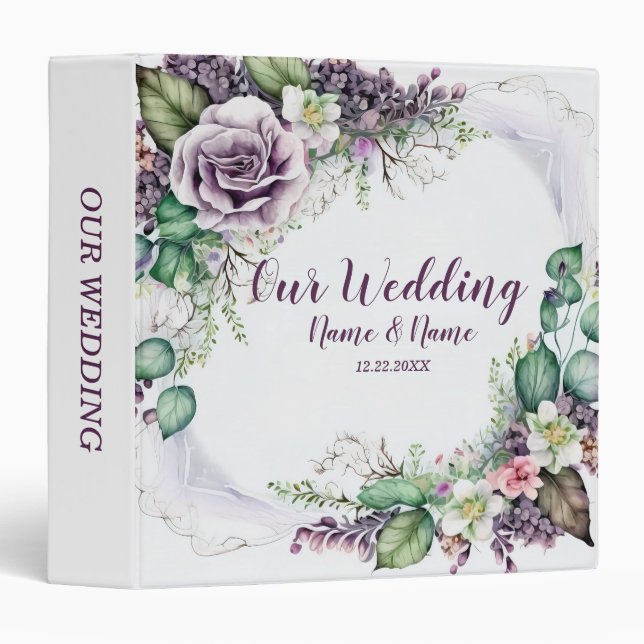 Photo Album Wedding Party Purple Floral Green 3 Ring Binder (Front/Spine)
