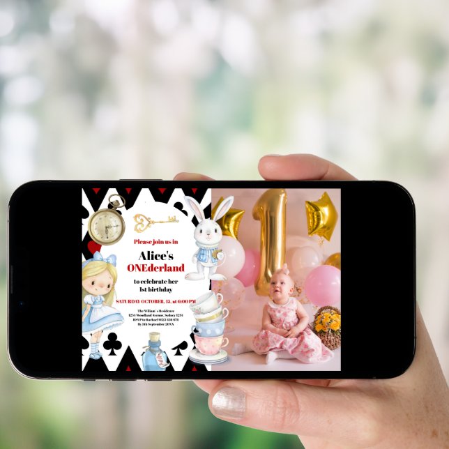 Photo Alice in Wonderland 1st Birthday Onederland  Invitation (Front Digital)
