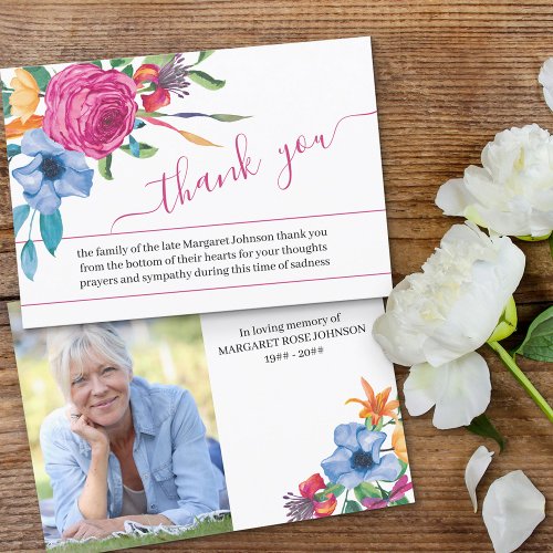Photo and Colorful Flowers Funeral Thank You Card