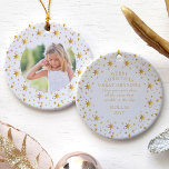 Photo and Cute Christmas Message Gold Stars Ceramic Ornament<br><div class="desc">Photo ornament with gold stars and christmas message on the back. Your photo is framed with an abundance of gold stars and displayed in round format. On the back, the cute wording reads "merry christmas great grandma (or edit to whoever the gift is for) .. I love you more than...</div>
