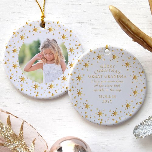 Photo and Cute Christmas Message Gold Stars Ceramic Ornament