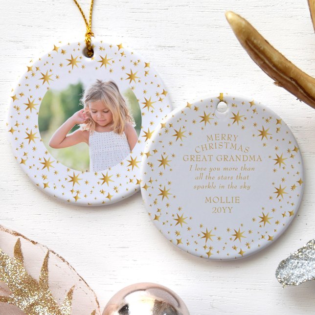 Photo and Cute Christmas Message Gold Stars Ceramic Ornament (Creator Uploaded)