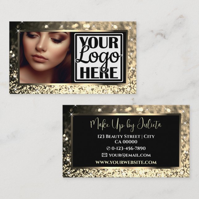 Photo and Logo Template Gold Sparkle Glitter Glam Business Card (Front/Back)