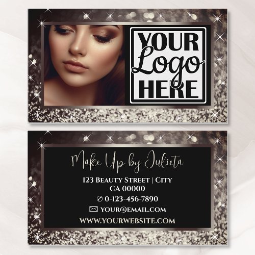 Photo and Logo Template Gray Sparkle Glitter Glam Business Card