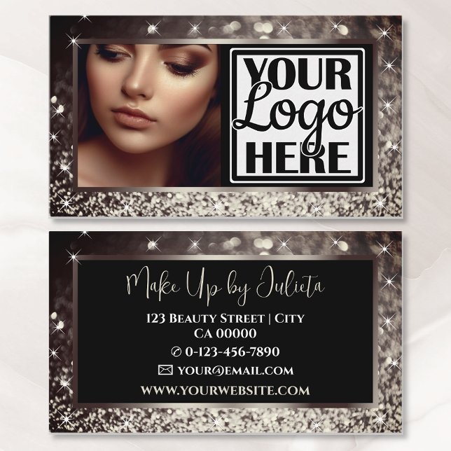Photo and Logo Template Gray Sparkle Glitter Glam Business Card (Creator Uploaded)