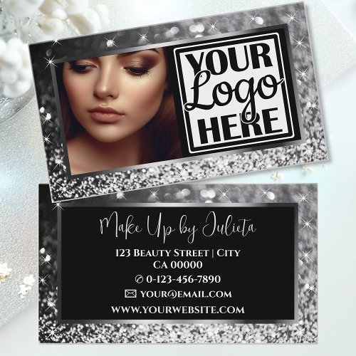 Photo and Logo Template Gray Sparkle Glitter Glam Business Card