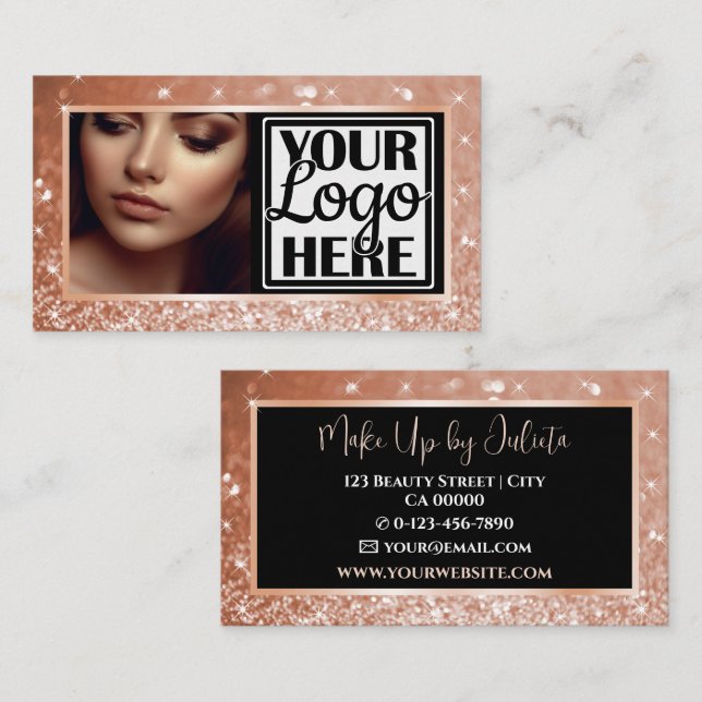 Photo and Logo Template Peach Sparkle Glitter Glam Business Card (Front/Back)