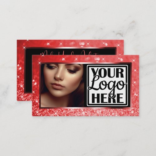 Photo and Logo Template Red Sparkle Glitter Glam Business Card
