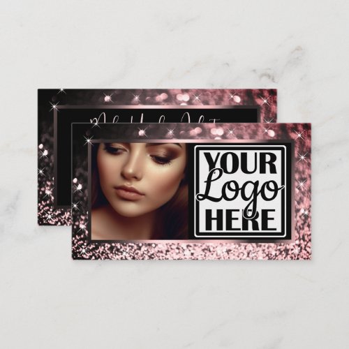 Photo and Logo Template Rose Gold Sparkle Glitter  Business Card