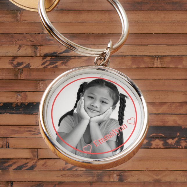 Photo and name in red with red frame keychain (Creator Uploaded)