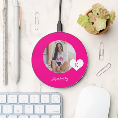 Photo and name personalized modern hot pink  wireless charger 