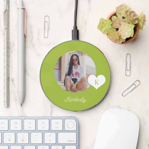 Photo and name personalized modern lime green wireless charger 