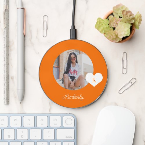 Photo and name personalized modern orange wireless charger 