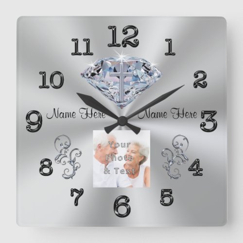 PHOTO and NAMES Cross in Diamond Anniversary Gifts Square Wall Clock
