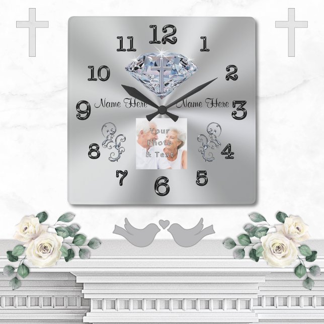 PHOTO and NAMES Cross in Diamond Anniversary Gifts Square Wall Clock (Diamond Anniversary Clock. 10 year wedding anniversary gifts. Christian, 60th anniversary gift ideas)