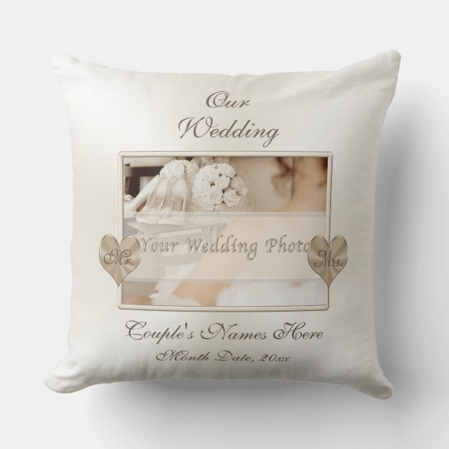 Photo and Personalised Wedding Cushion, Mr and Mrs Throw Pillow (Front)