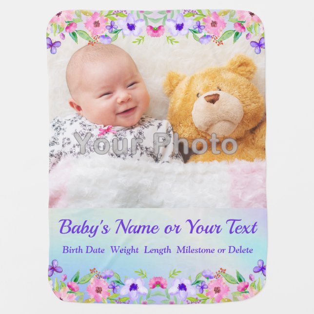 Photo and Personalized Baby Girl Milestone Blanket (Front)