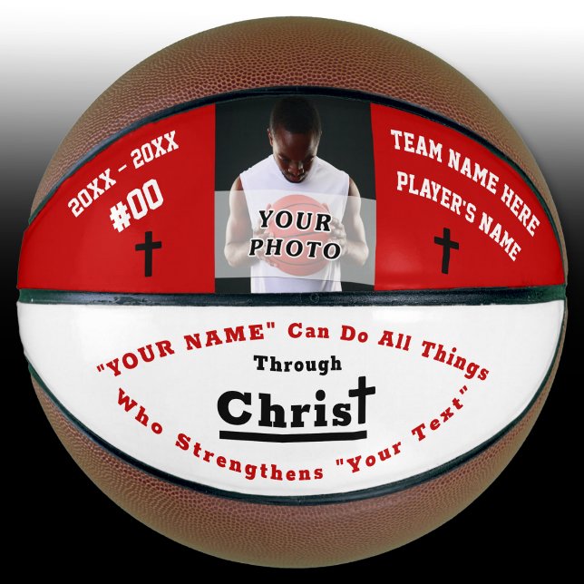 Photo and Personalized Bible Verse Basketball (Christian Basketball, Personalized. Red, White and Black. I can do all things through Christ. B Ball)