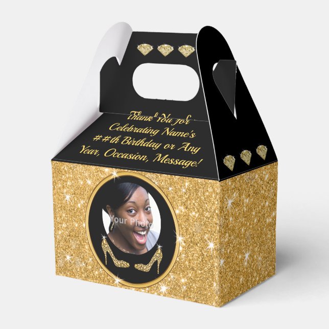 Photo and Personalized, Black and Gold Favor Boxes (Front Side)
