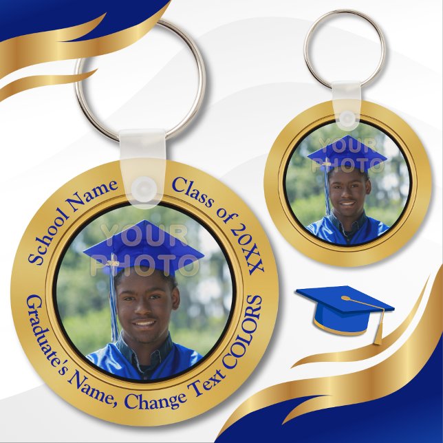 Photo and Personalized Graduation Party Favors Keychain (Cheap graduation party favors personalized. Blue and Gold graduation party supplies. Grad Souvenirs.)