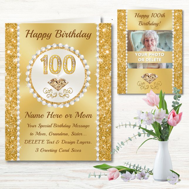 Photo and Personalized, Happy 100th Birthday Card (100th birthday card for mum. 100th birthday cards female. 100th birthday card ideas. Grandmother.   )