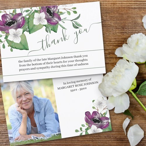 Photo and Purple Flowers Funeral Thank You Card