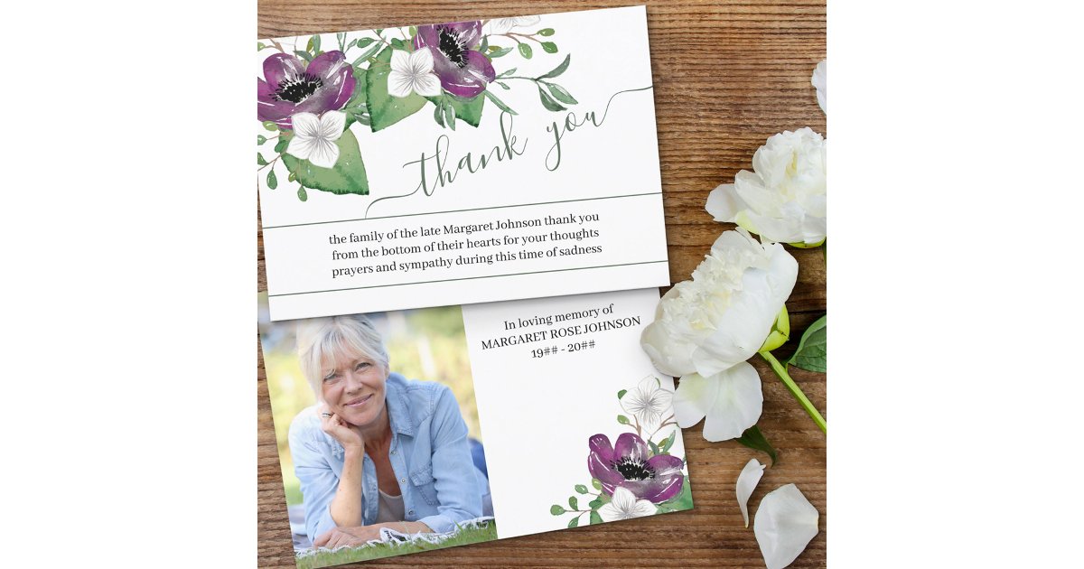 Photo and Purple Flowers Funeral Thank You Card | Zazzle