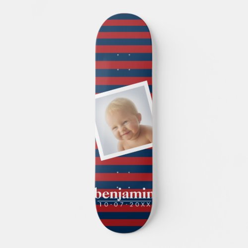 Photo and Red Blue Striped Pattern _ Name Skateboard Deck