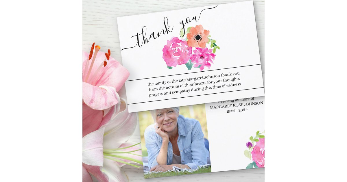 Photo and Watercolor Flowers Funeral Thank You Card | Zazzle