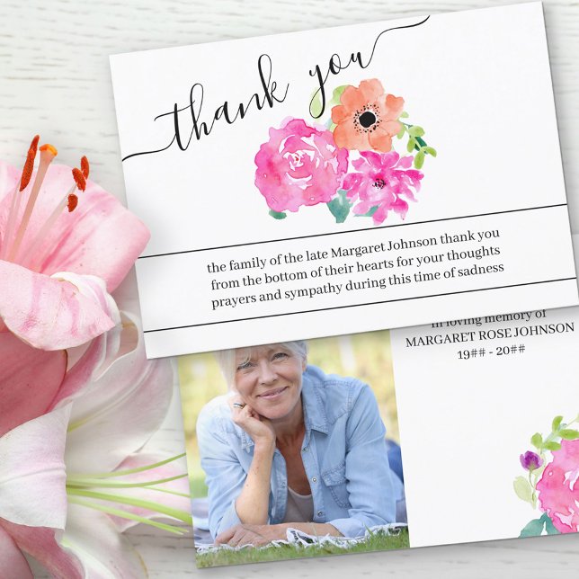 Photo and Watercolor Flowers Funeral Thank You Card (Creator Uploaded)