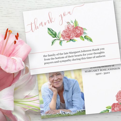 Photo and Watercolor Pink Roses Funeral Thank You Card