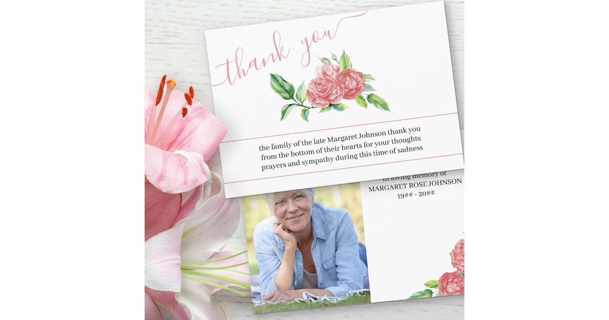 Photo and Watercolor Pink Roses Funeral Thank You Card | Zazzle