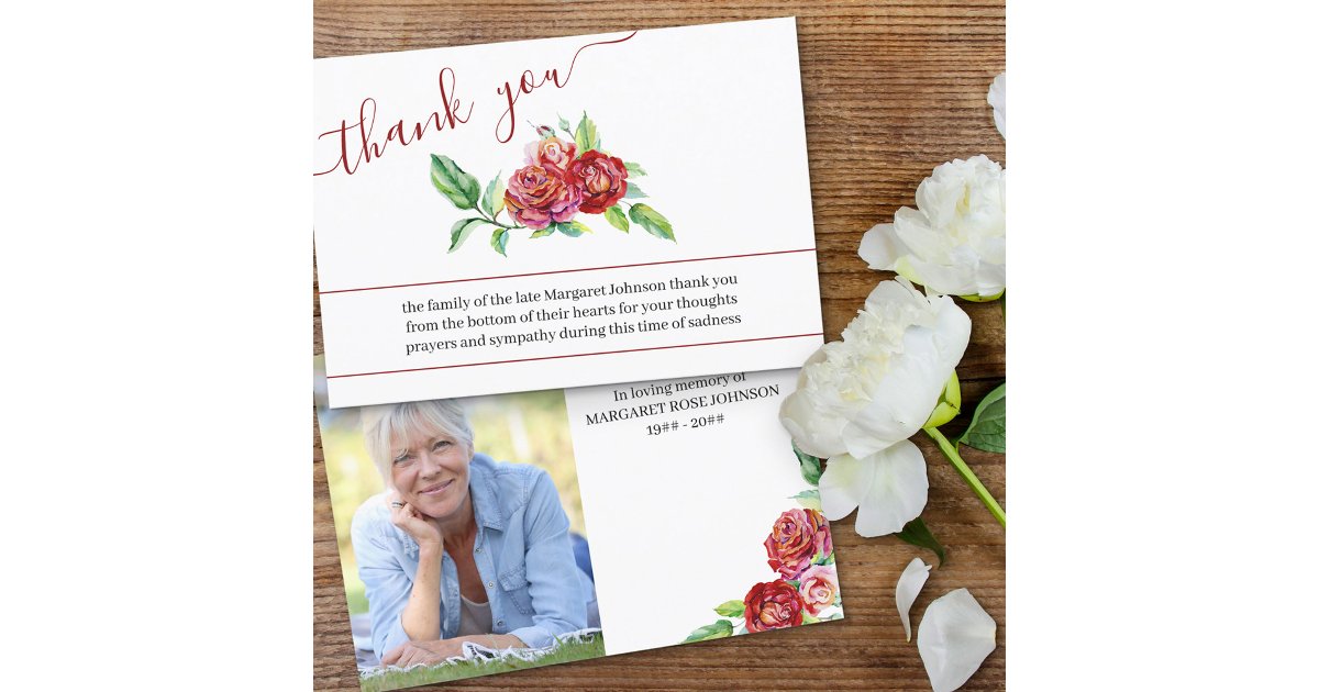 Photo and Watercolor Red Roses Funeral Thank You Card | Zazzle