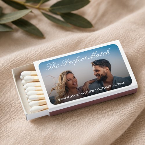 Photo and White Calligraphy Perfect Wedding Favors Matchboxes
