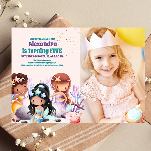 Photo Aqua Green Gold Little Mermaid Birthday Invitation (Creator Uploaded)