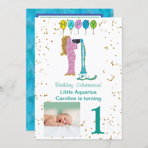 Photo  Aquarius Birthday with Gold  Balloons Invitation