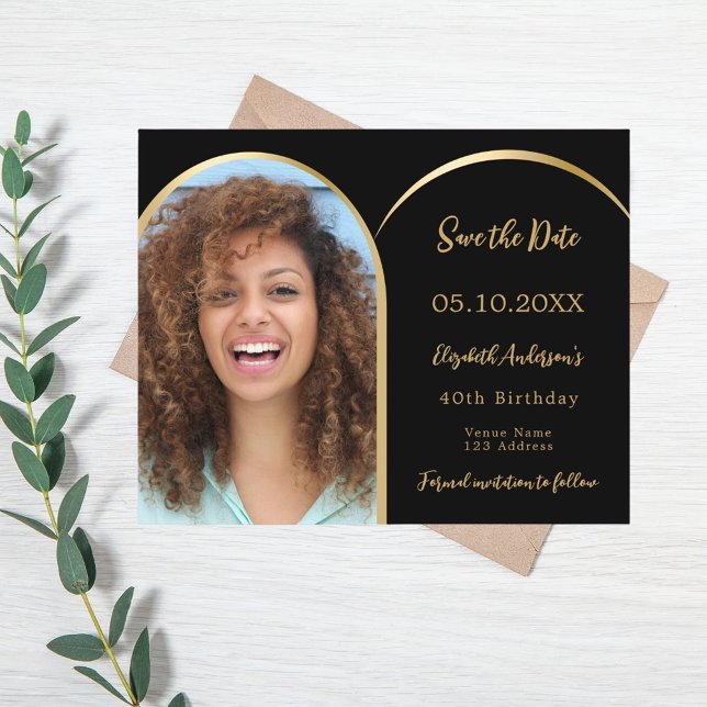 Photo arch black Birthday Save the Date card (Creator Uploaded)