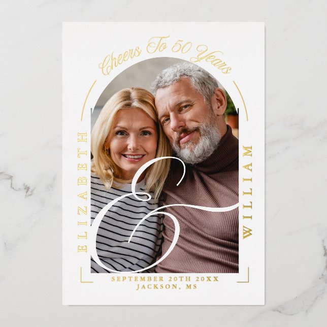 Photo Arch Calligraphy 50th Wedding Anniversary Foil Invitation (Front)