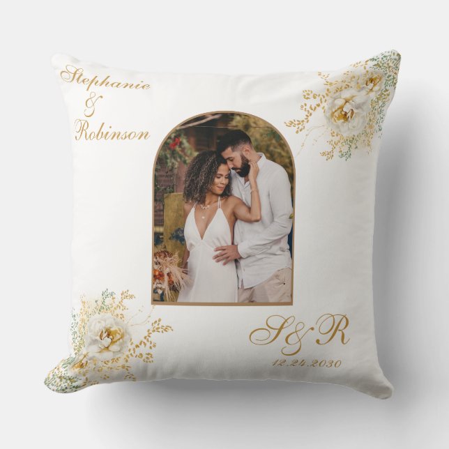 Photo Arch Elegant Gold Floral Monogram Wedding  Throw Pillow (Front)