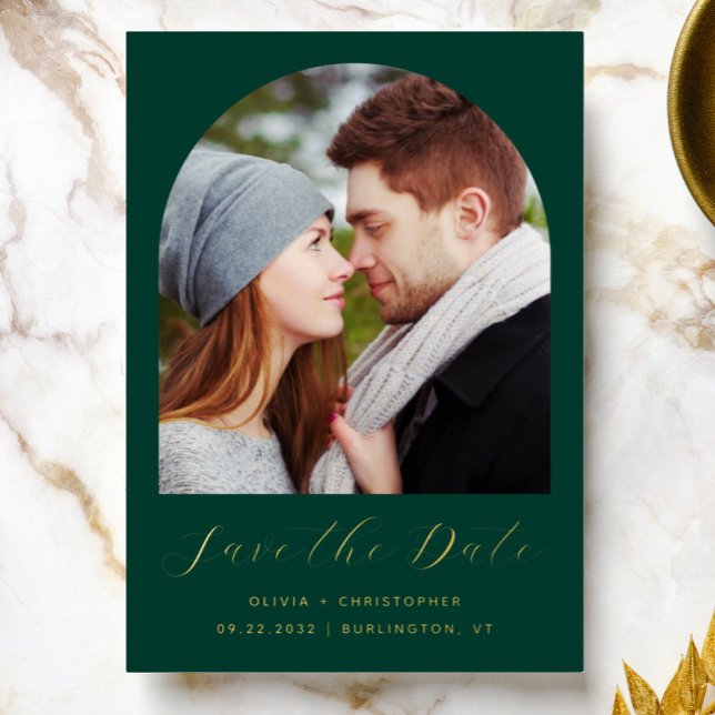 Photo Arch Emerald Green Gold Save the Date Foil Invitation (Creator Uploaded)
