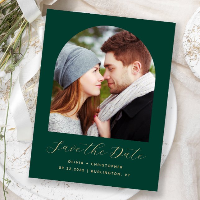 Photo Arch Emerald Green Gold Save the Date Postcard (Creator Uploaded)
