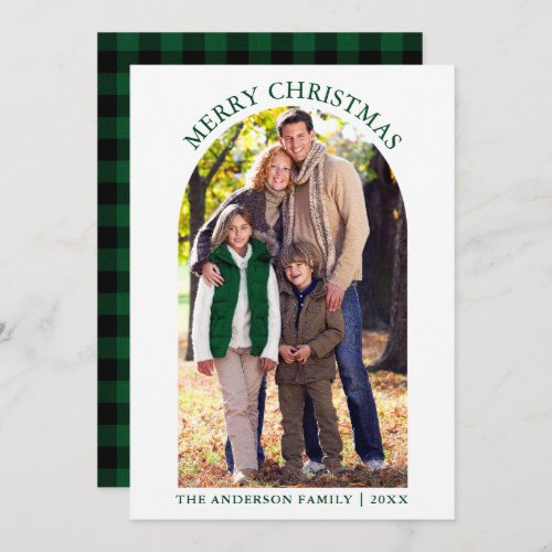 Photo Arch Merry Christmas Green Plaid Holiday Card