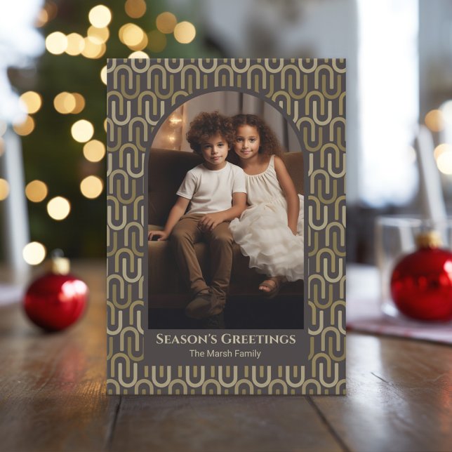Photo arch - retro mcm pattern neutral brown holiday card (Christmas Photo Card)
