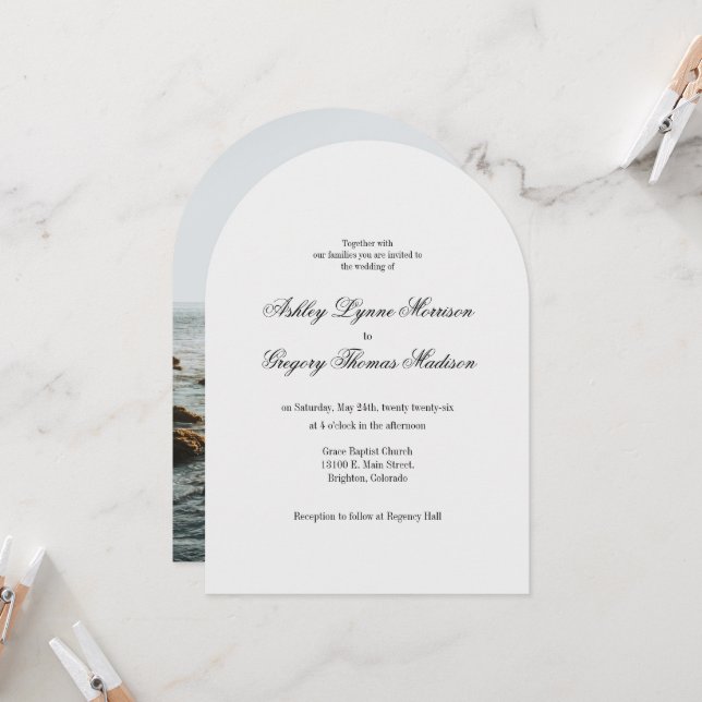 Photo Arch Shaped Grey Wedding Invitation (Front/Back In Situ)