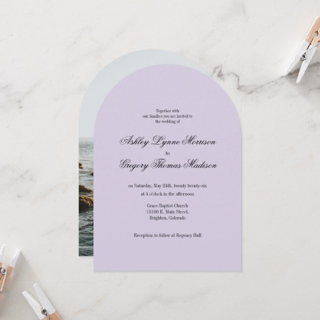 Photo Arch Shaped Lavender Wedding Invitation (Front/Back In Situ)